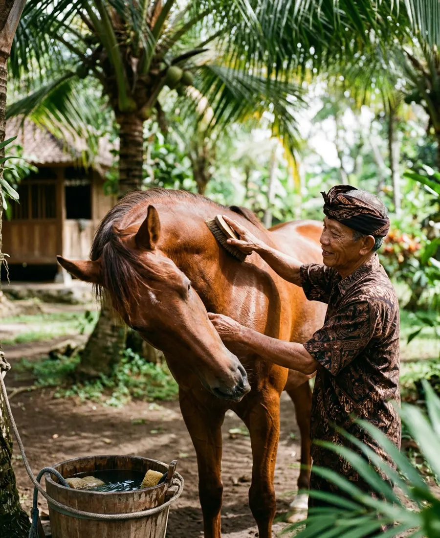 A local guide gently brushing a healthy chestnut horse under the palms