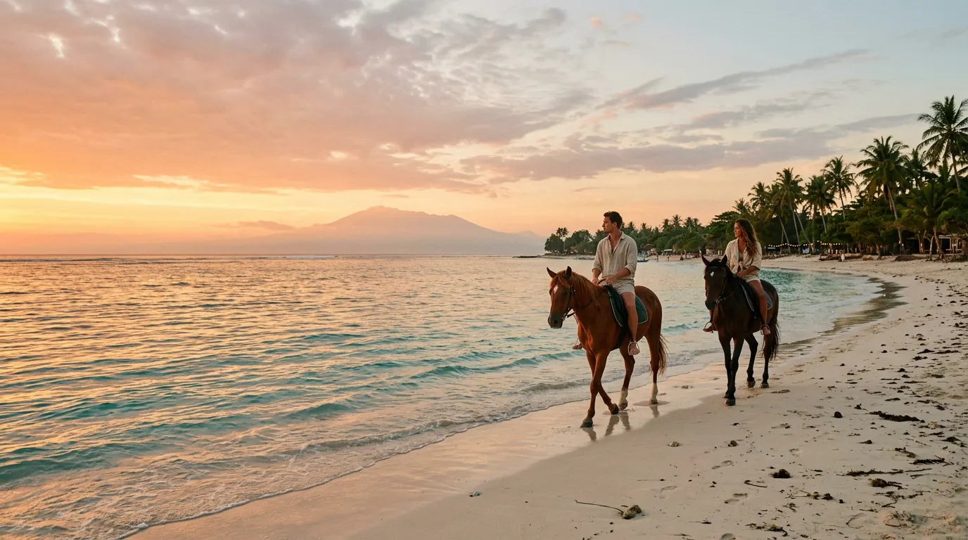 Two riders on horseback along the shore of Gili Trawangan at sunset, Mount Rinjani on the horizon