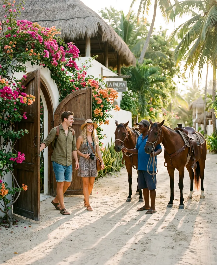 Travelers greeted outside their hotel by a guide with two saddled horses
